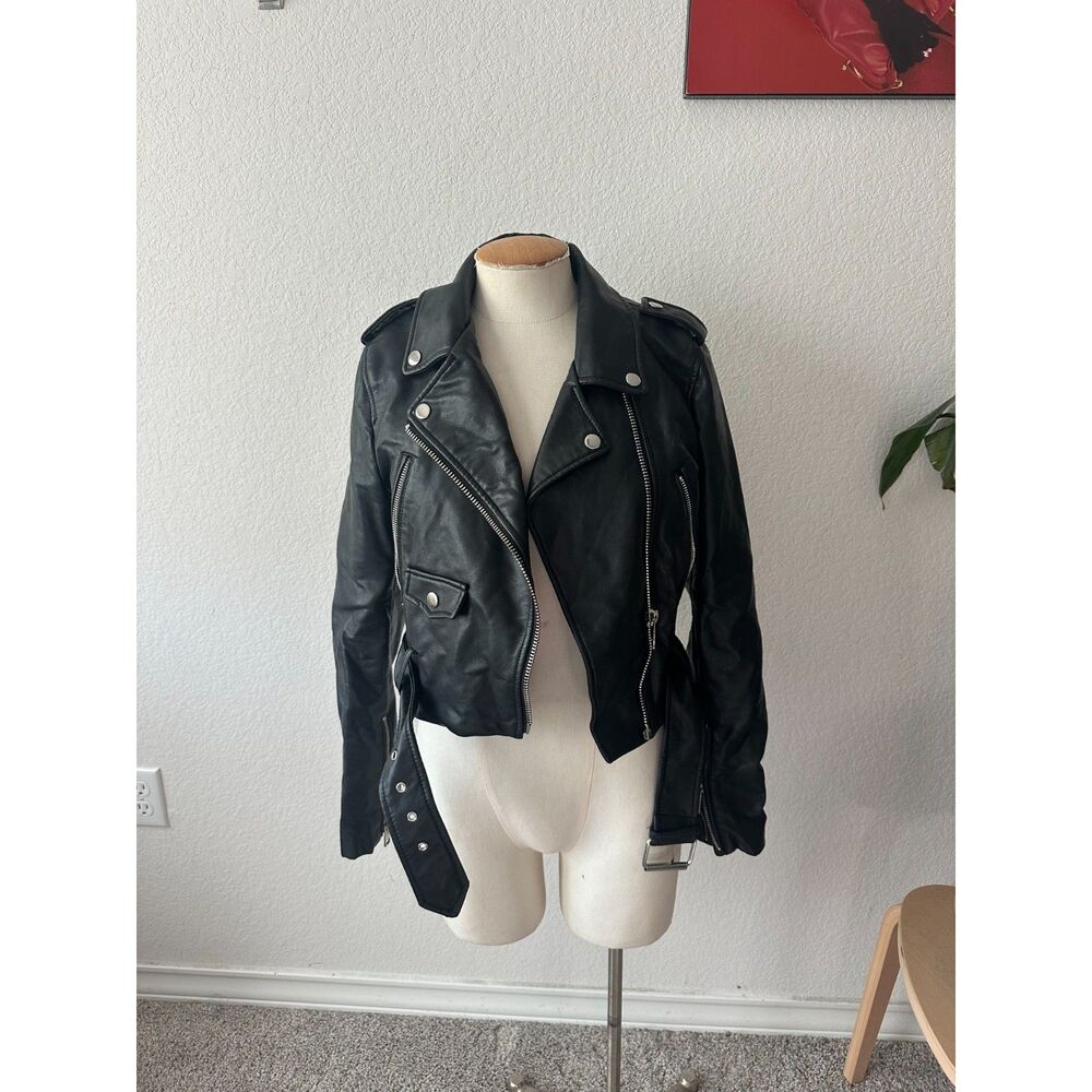 Zara faux leather belted cropped moto jacket